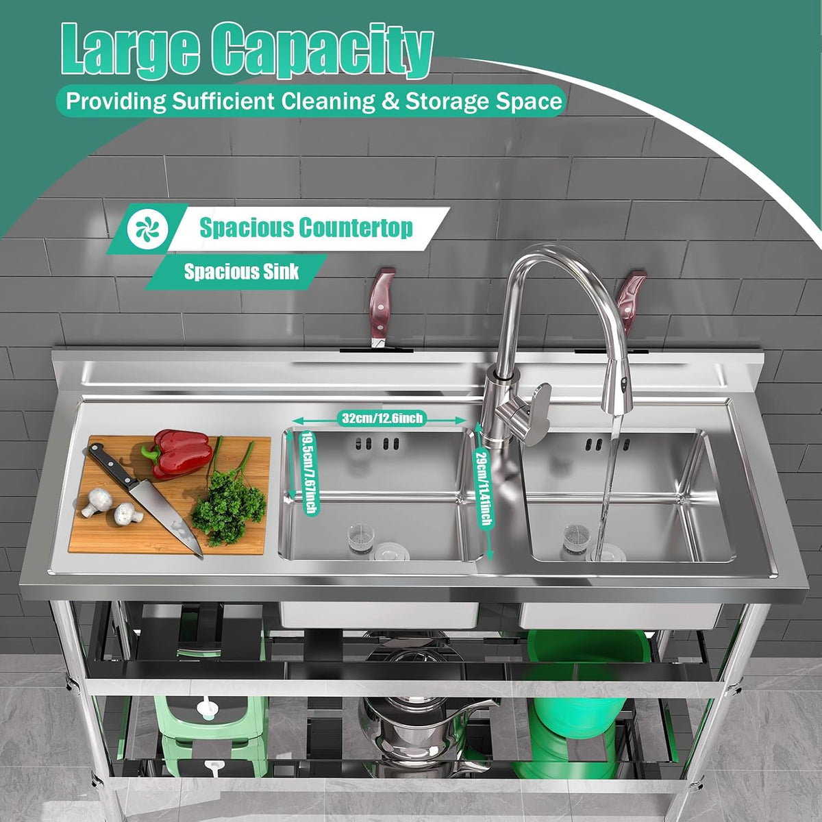 Freestanding Double‑Bowl Commercial Sink