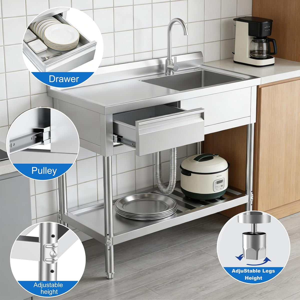 Stainless Steel Utility Sink with Drawers