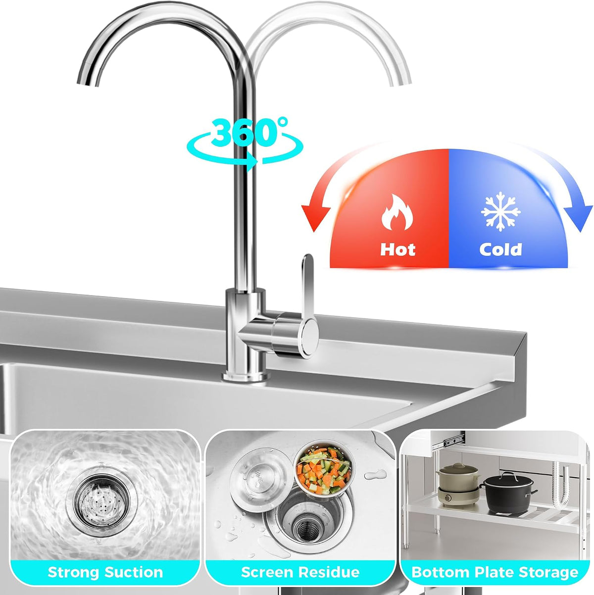 Freestanding 304 Stainless Steel Workbench Sink